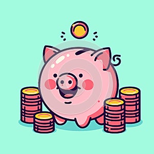 Budget or money savings concept with piggy bank and falling coins.