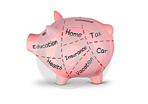 Budget planning concept, piggy bank divided into parts photo