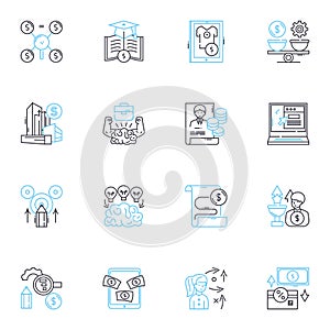 Budget planning linear icons set. Frugal, Thrifty, Allocation, Expenditure, Saver, Fiscal, Planning line vector and