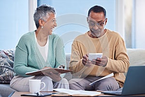 Budget, planning and senior couple on sofa paying debt, mortgage or bills together at home. Happy elderly man and woman
