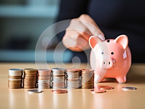 Budget and Saving Money Concept for Financial Accounting: Woman Hand Putting Coin in Piggy Bank