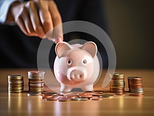 Budget and Saving Money Concept for Financial Accounting: Woman Hand Putting Coin in Piggy Bank