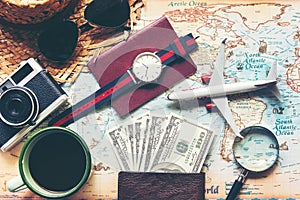 Budget and Saving money for Vacation. Traveler accessories and items ma