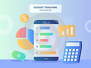 Budget tracking illustration set smartphone background of calculator pie chart money dollar icon with flat style