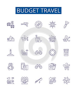 Budget travel line icons signs set. Design collection of Cheap, Budget, Affordable, Frugal, Economy, Discount, Pursue