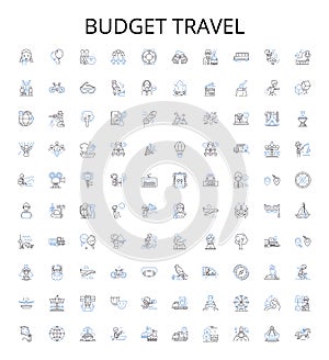 Budget travel outline icons collection. Cheap, Budget, Affordable, Frugal, Economic, Thrifty, Low-cost vector