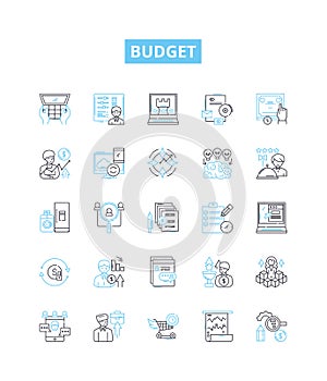 Budget vector line icons set. Budget, Finances, Costs, Spendings, Allotment, Outlay, Allowance illustration outline