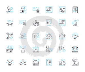 Budgetary revenue linear icons set. Income, Taxation, Fiscal, Revenue, Earnings, Funds, Monies line vector and concept photo