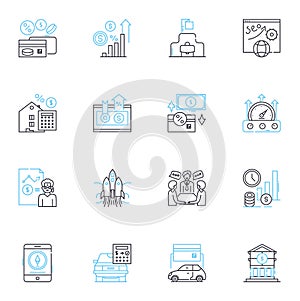 Budgetary revenue linear icons set. Income, Taxation, Fiscal, Revenue, Earnings, Funds, Monies line vector and concept