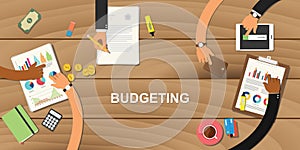 Budgeting business concept illustration with team work together to on top