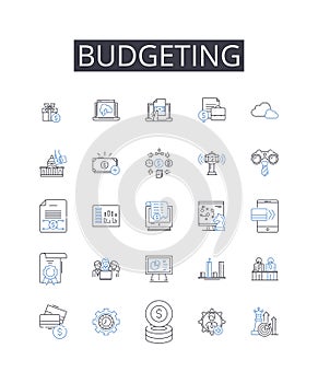 Budgeting line icons collection. Accounting, Financing, Saving, Economizing, Restricting, Thriftiness, Frugality vector