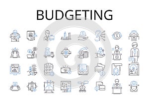 Budgeting line icons collection. Accounting, Financing, Saving, Economizing, Restricting, Thriftiness, Frugality vector