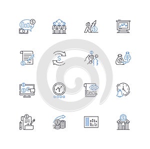 Budgeting line icons collection. Frugality, Allocation, Saving, Expenses, Planning, Prioritizing, Cost-effective vector photo