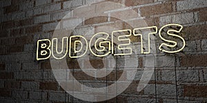 BUDGETS - Glowing Neon Sign on stonework wall - 3D rendered royalty free stock illustration