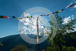 Budhist flags in the mountains near hamta