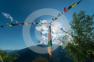 Budhist flags in the mountains near hamta