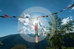 Budhist flags in the mountains near hamta