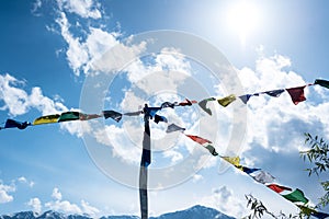 Budhist flags in the mountains near hamta