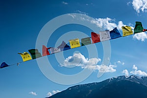 Budhist flags in the mountains near hamta