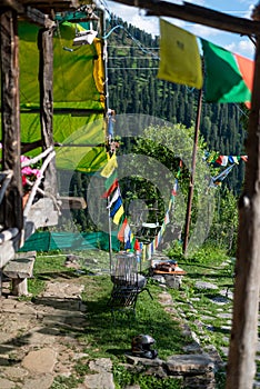 Budhist flags in the mountains near hamta