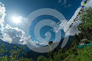 Budhist flags in the mountains near hamta