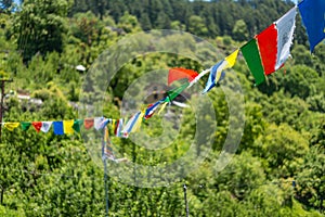 Budhist flags in the mountains near hamta