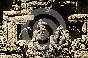 Budhist Relief of the Ancient mystical old Hindu Prambanan temple near Yogyakarta, Java island Indonesia