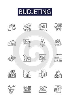 Budjeting line vector icons and signs. Allocation, Expenses, Costing, Forecasting, Savings, Profits, Planning, Frugality