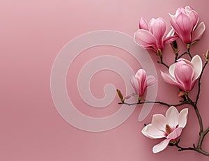 Buds magnolia branch with blooming pink flowers on soft pastel pink background with copy space
