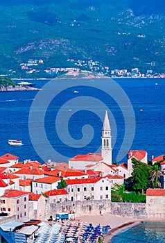Budva, Montenegro. Ancient walls and tiled roof of old town