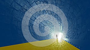 Bue and yellow tunnel, the Ukrainian flag colors, with a bright light at the end as metaphor to hope