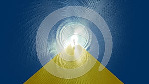 Bue and yellow tunnel, the Ukrainian flag colors, with a bright light at the end as metaphor to hope