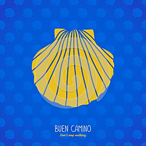 Buen Camino! Yellow shell on the blue background.