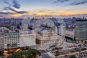 Aerial view of Teatro Colon Columbus Theatre and 9 de Julio Avenue at sunset - Buenos Aires, Argentina photo