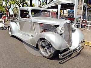 old silver gray utility pickup truck Chevrolet 1930s. Expo Warnes 2021 classic car show.