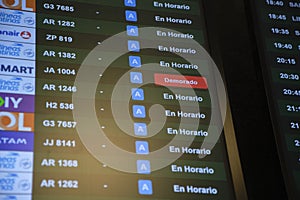 Screen with information on flight departures, all on schedule except one delayed