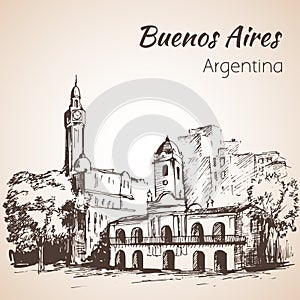 Buenos Aires city street and square. Argentina. Sketch.