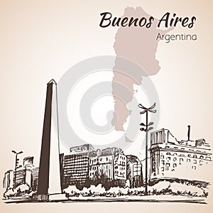 Buenos Aires cityscape with obelisk. Argentina. Sketch.