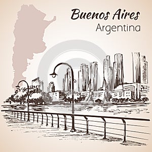 Buenos Aires cityscape seafront. Argentina. Sketch.