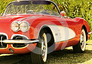 Buenos Aires, year 2015: Front view of a classic red Chevrolet Corvette. Close up of American Muscle car of 50s