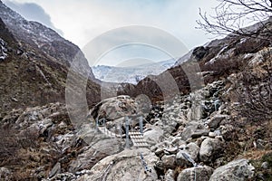 Buerbreen glacier suspension bridge hiking