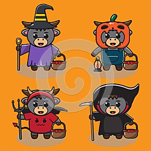 Cute Buffalo Halloween cartoon set.