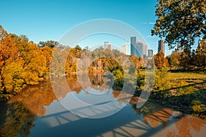 Buffalo Bayou Park with a view of Houston skyscrapers. Texas, USA photo