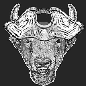 Buffalo, bison, bull head. Pirate cocked hat. Sailor. Portait of animal.