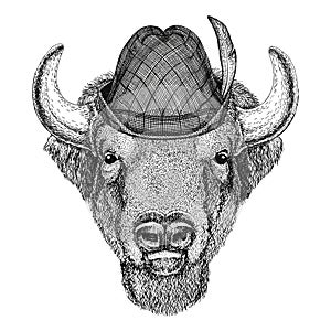 Buffalo, bison,ox, bull Wild animal wearing tirol hat Oktoberfest autumn festival Beer fest illustration Bavarian beer