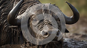 A buffalo bull, Syncerus caffer, close up of an animal head and horns covered in mud