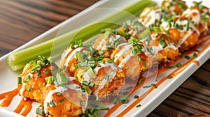 buffalo cauliflower bites drizzled with cheese dressing, served alongside crisp celery sticks, in a tantalizing photo