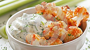 buffalo cauliflower bites drizzled with cheese dressing, served alongside crisp celery sticks, in a tantalizing photo