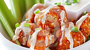 buffalo cauliflower bites drizzled with cheese dressing, served alongside crisp celery sticks, in a tantalizing photo