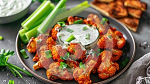 buffalo cauliflower bites drizzled with cheese dressing, served alongside crisp celery sticks, in a tantalizing photo